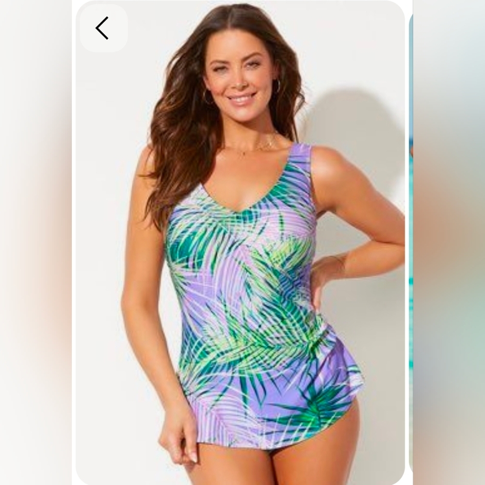 Swimsuits For All Purple Tropical Print One-Piece Sarong
